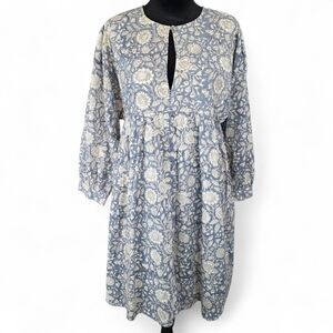 Beau & Ro Dusty Blue Floral Hand Block Print Cotton Boho Peasant Dress Small